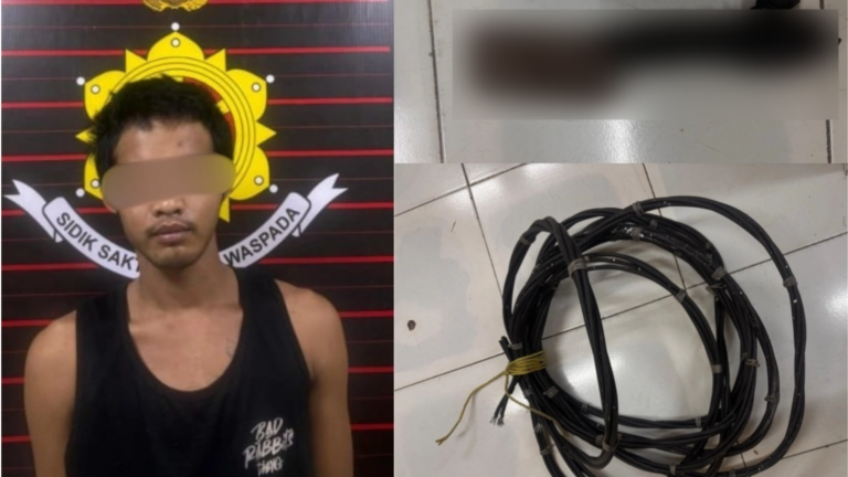 "Pemuda berinisial RM tertangkap basah oleh warga saat mencuri kabel power tower Telkomsel di Sungai Raya, Kubu Raya. Kerugian mencapai Rp15,9 juta."