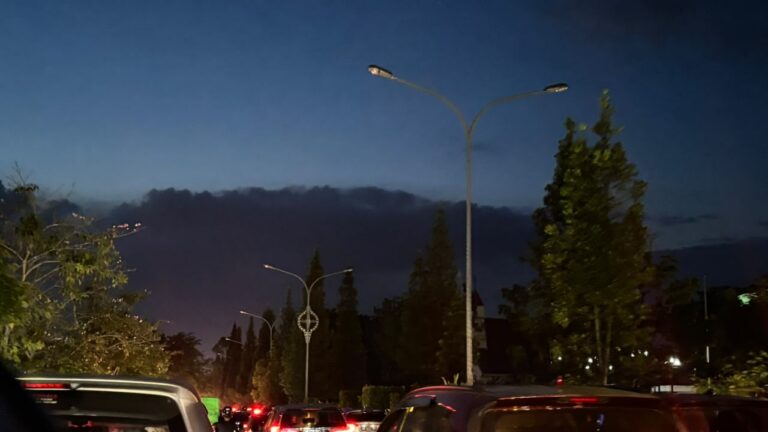 Pemandangan jalan raya yang macet saat senja, menampilkan barisan mobil, pohon, dan lampu jalan di bawah langit senja.
