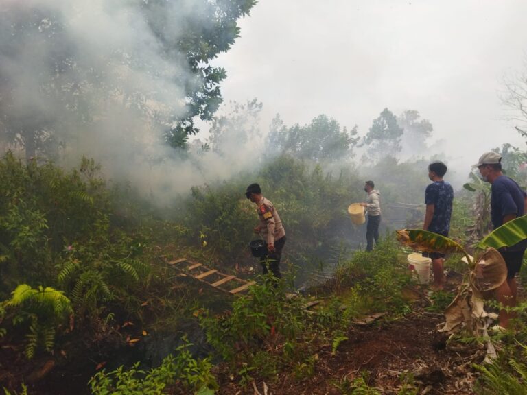 "Petugas gabungan memadamkan kebakaran lahan yang mendekati permukiman Komplek Fajar Asri 6 Kubu Raya. Polisi imbau warga evakuasi dan lakukan pendinginan."