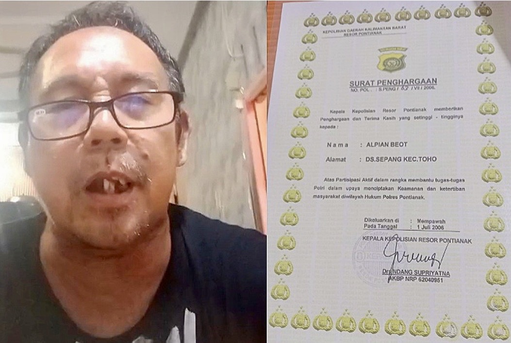 Alpian Beot Anggota DPRD Mempawah dan dokumen surat penghargaan dari Kapolres Pontianak tahun 2006.