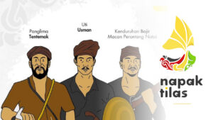 Ilustrasi tiga pahlawan lokal Ketapang yaitu Panglima Tentemak, Uti Usman, dan Kenduruhan Bajir di samping logo Napak Tilas. (Dok. Bapenda Kab. Ketapang)