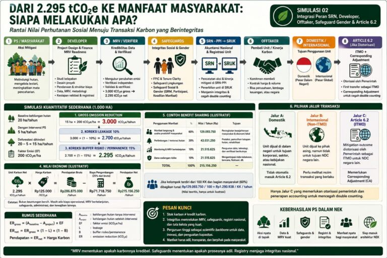Infografis skema rantai nilai Perhutanan Sosial menuju transaksi karbon berintegritas, simulasi reduksi emisi, dan alur benefit sharing.