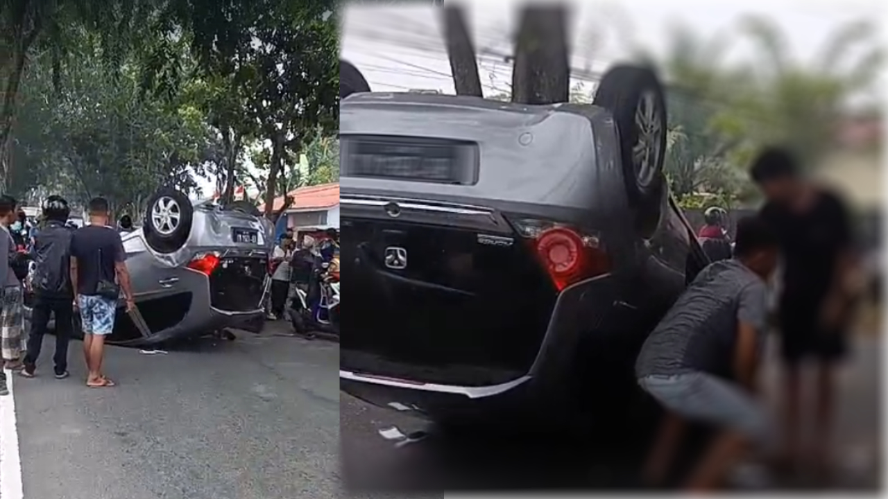 Hantam CRV Parkir, Honda Brio Terbalik di Pontianak, Pengemudi Terluka