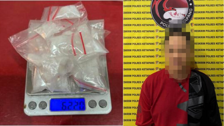 Barang bukti 9 kantong klip sabu seberat 62,20 gram di atas timbangan digital dan tersangka pengedar sabu berinisial H di Polres Ketapang. (Dok. Polres Ketapang)