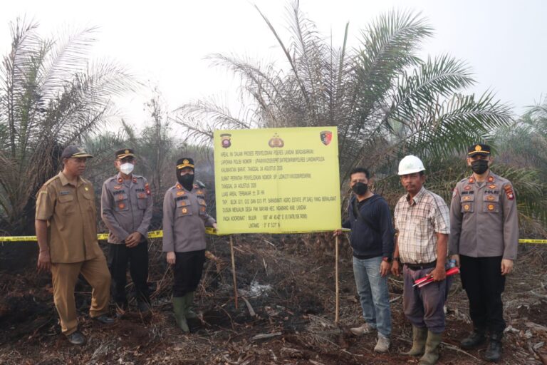 "Satreskrim Polres Landak pasang police line dan selidiki kebakaran lahan 5 hektare di areal PT Saraswati Argo Estate usai dipadamkan tim gabungan."
