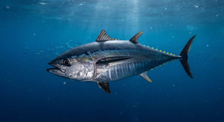Ikan tuna sirip kuning berenang di perairan biru laut lepas.