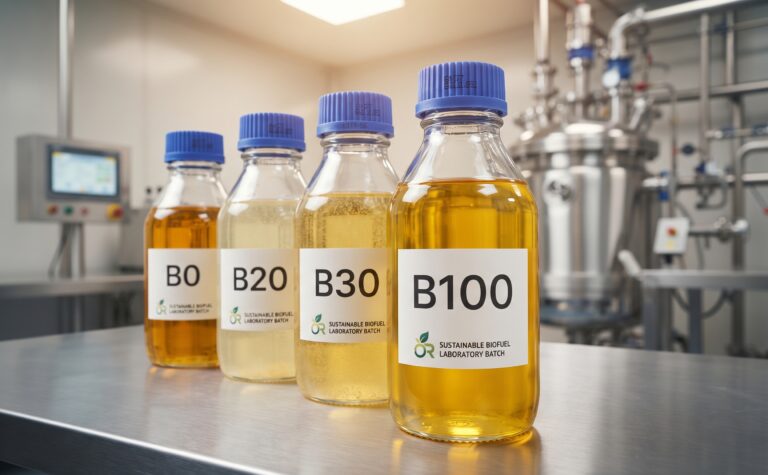Empat botol kaca laboratorium berjajar di atas meja stainless steel di dalam fasilitas pemrosesan biofuel. Botol-botol tersebut memiliki tutup biru dan label putih yang jelas, berisi cairan berwarna kuning dengan kejernihan yang berbeda-beda. Label tersebut bertuliskan, dari kiri ke kanan: "B0", "B20", "B30", dan "B100", dengan teks tambahan "SUSTAINABLE BIOFUEL LABORATORY BATCH". Di latar belakang, terlihat peralatan pabrik stainless steel dan layar kontrol.