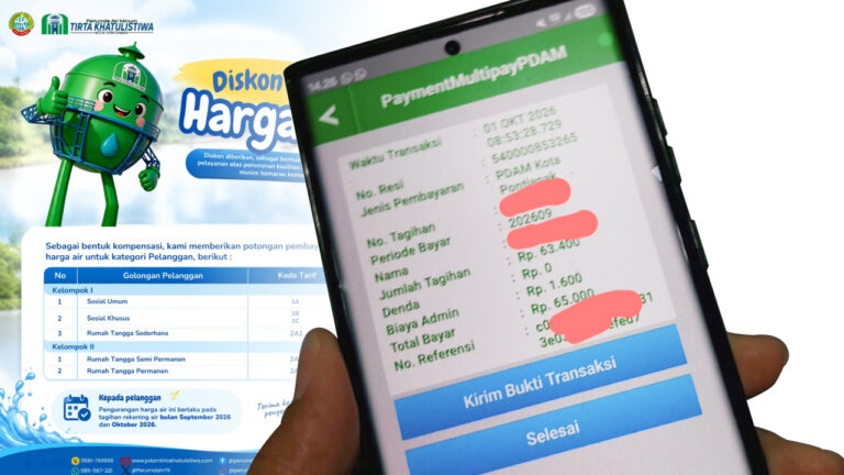 Bukti pembayaran tagihan PDAM Tirta Khatulistiwa Pontianak di layar HP yang menunjukkan adanya diskon. (Dok. HO/Nusantara Post)