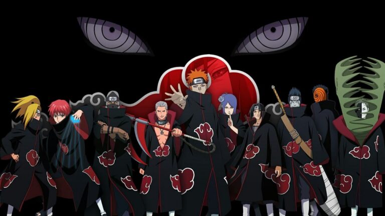 Deretan karakter anggota Akatsuki berbusana jubah hitam bermotif awan merah dalam serial Naruto.