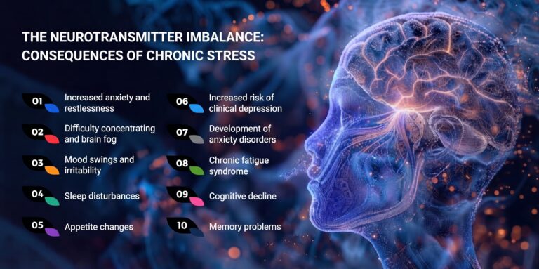 Infografis 10 dampak stres kronis terhadap ketidakseimbangan neurotransmiter otak manusia.
