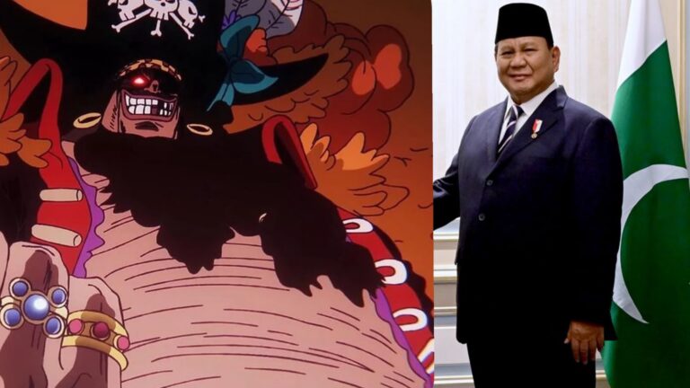 "Analisis kritis menakar kesamaan strategi kekuasaan Prabowo Subianto dengan bajak laut antagonis Marshall D Teach di One Piece terkait sensor digital dan represi kritik."