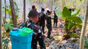 Sejumlah personel TNI dan petugas terkait tengah menyisir area hutan untuk melakukan penanganan dan pendinginan sisa kebakaran lahan di Desa Labuan, Kabupaten Tojo Una-Una, Sulawesi Tengah. (Dok. BNPB)