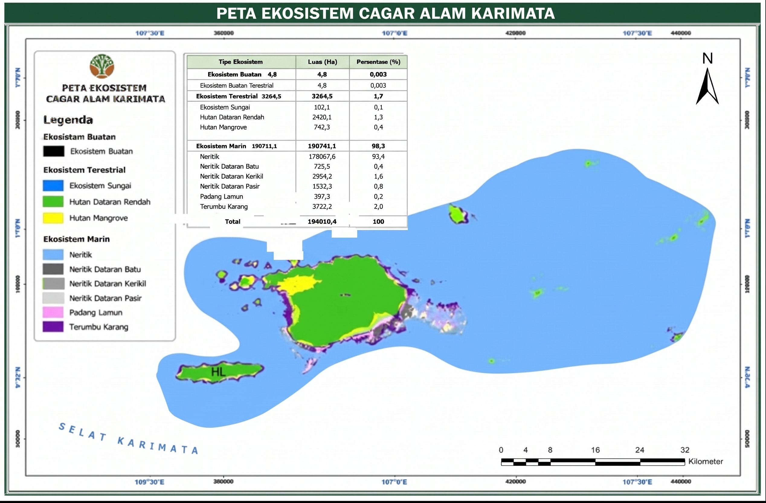 Peta sebaran hutan pantai, mangrove, lamun, dan terumbu karang di Cagar Alam Karimata