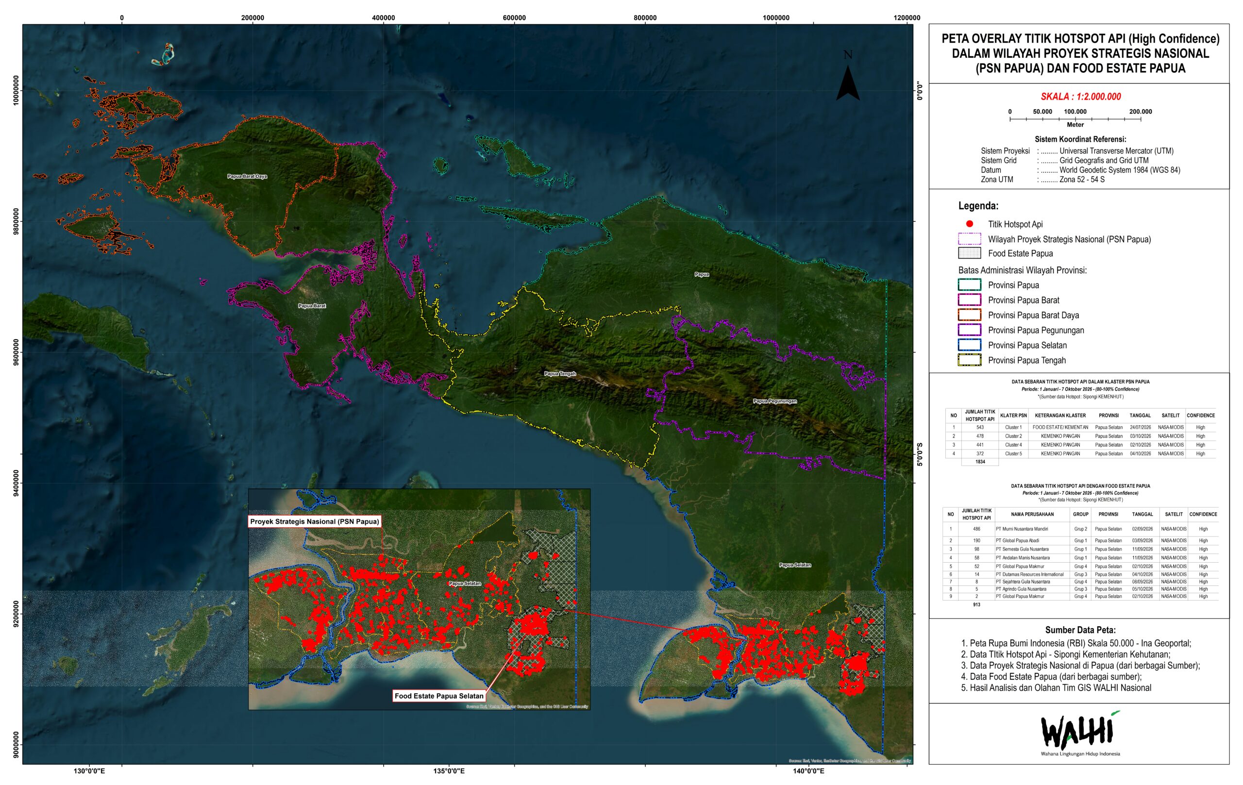 Peta analisis WALHI yang menampilkan overlay sebaran titik hotspot api di wilayah Proyek Strategis Nasional dan Food Estate Papua.