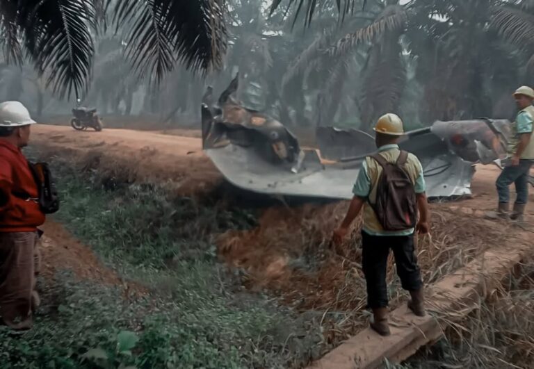 Puing logam besar tergeletak di antara pepohonan kelapa sawit di Kotim.