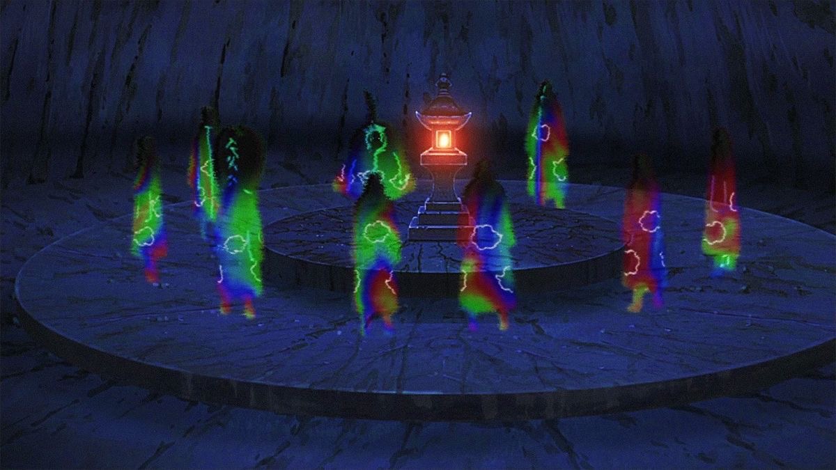 Ilustrasi rapat online jarak jauh anggota Akatsuki menggunakan proyeksi cakra hologram di dunia Naruto.