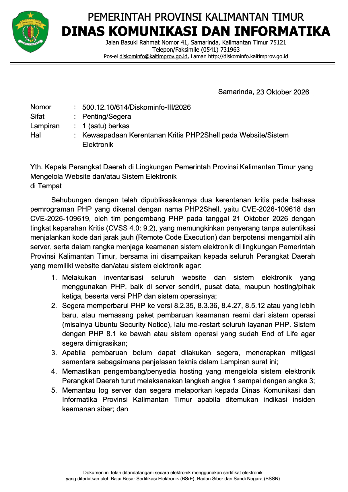 Diskominfo Kaltim terbitkan surat edaran instruksikan pembaruan sistem web seluruh perangkat daerah guna cegah kerentanan kritis PHP2Shell.